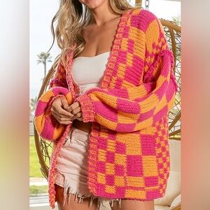 BiBi Oversized Checkered Cardigan Size Medium Pink Orange Boho